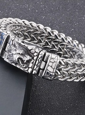 潮牌朋克风霸气狼头肌理方扣正反链男士手链复古个性动物手饰品