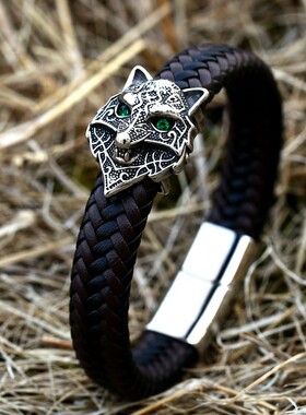 欧美复古风皮手镯饰品绿眼狼头创意手工编织男士手链钛钢男士手环