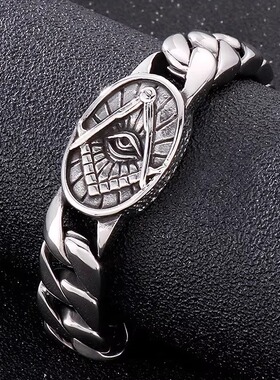 时尚霸气潮流服饰配件欧美复古朋克风圆牌共济会眼睛钛钢男款手链