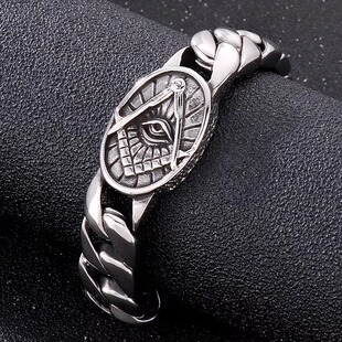 时尚霸气潮流服饰配件欧美复古朋克风圆牌共济会眼睛钛钢男款手链