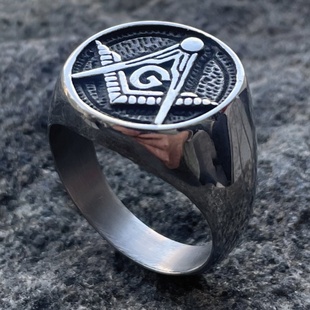欧美风复古共济会勋章标志钛钢戒指男士时尚潮流饰品个性单身指环
