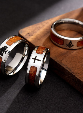 时尚欧美镶嵌相思木纹半圈生命树戒指十字架不掉色维京北欧指环