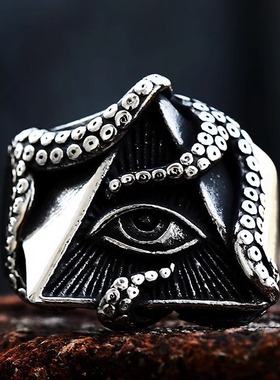 不掉色三角形钛钢铸造海怪恶魔之眼八爪鱼戒指复古霸气抛光潮指环