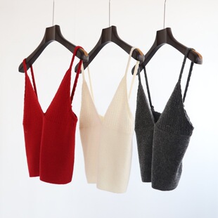 韩系外穿深V领波浪吊带背心叠穿调节扣针织上衣女早春针织无袖