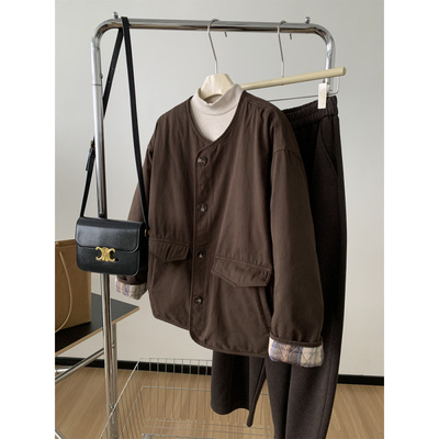日系复古深棕色撞色菱格棉服外套