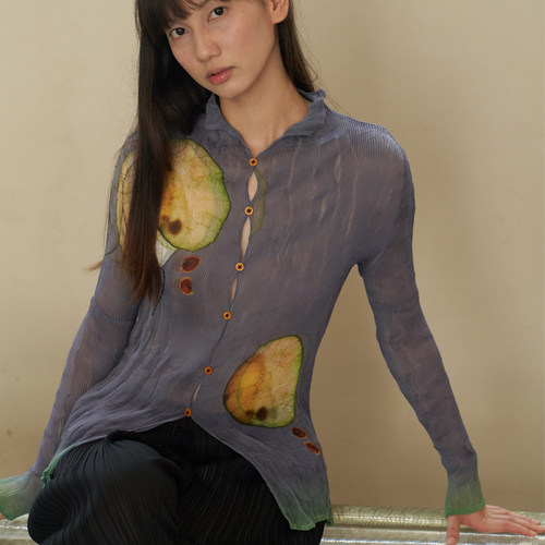 JT JANE原创小众设计长袖微透褶皱亲肤不规则压褶印花天丝上衣