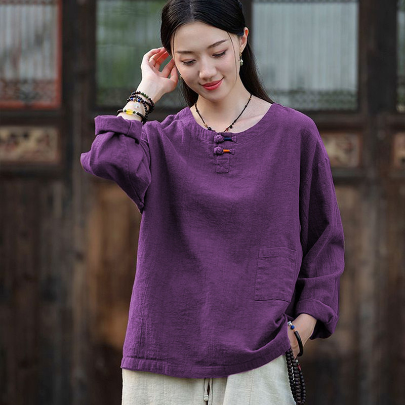 春夏季新款简约百搭中式盘扣棉款女装复古文艺范棉麻长袖上衣宽松,女装/女士精品,衬衫,淘宝优惠券,粉丝福利购,淘宝优惠卷