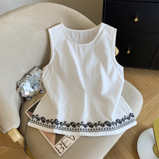 上衣女 百搭文艺棉麻T恤别致刺绣民族风吊带背心无袖 2025夏季 新款