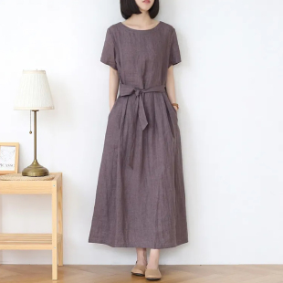 棉麻系带设计感女时尚 新款 潮流 圆领裙子夏季 紫色高级感连衣裙短袖