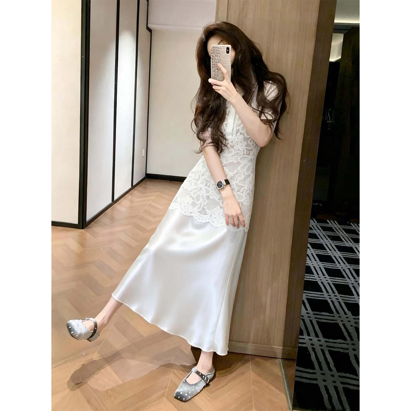 法式气质白色蕾丝衬衫连衣裙女2026夏季新款巨好看收腰显瘦长裙子