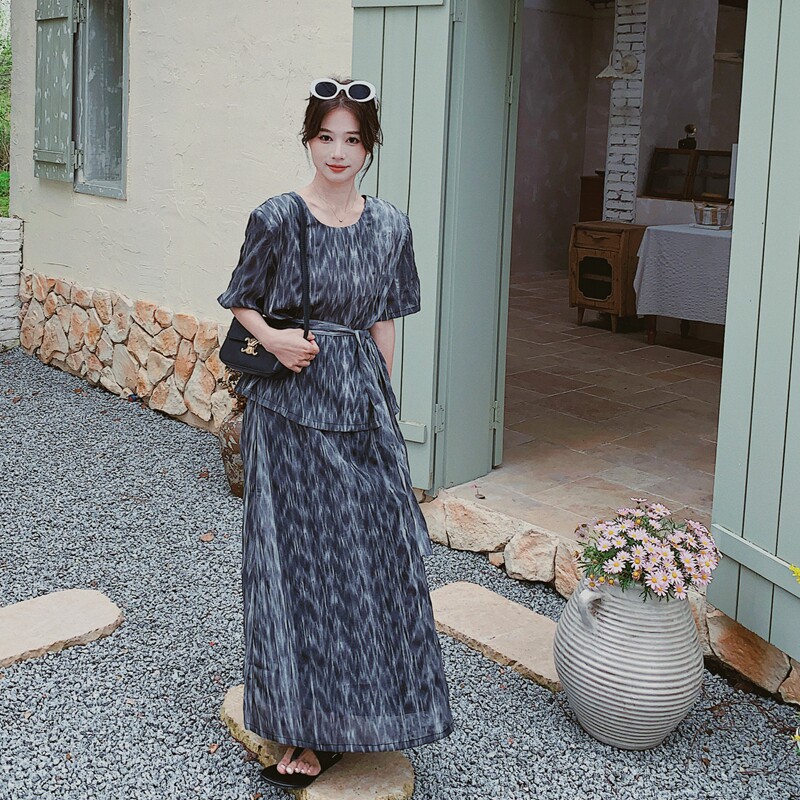 【现货】水墨扎染灰色T恤半裙套装8124-P125控178,女装套装/套裙,2C137