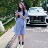 法式甜美不规则条纹连衣裙女2025夏季新款韩版收腰显瘦气质中长裙，女装连衣裙，2C137