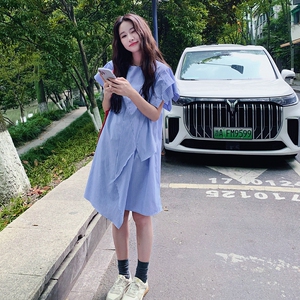 法式甜美不规则条纹连衣裙女2025夏季新款韩版收腰显瘦气质中长裙图片