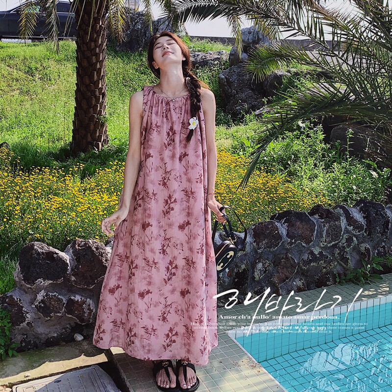 【现货】粉黛花序气质系带度假背心裙8126-P115-K168,女装连衣裙,2C137