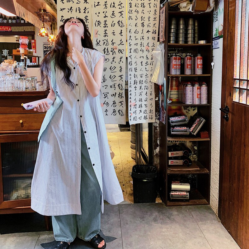 灰色条纹背心连衣裙女2025夏季新款韩系慵懒风宽松时尚休闲衬衫裙,女装连衣裙,2C137