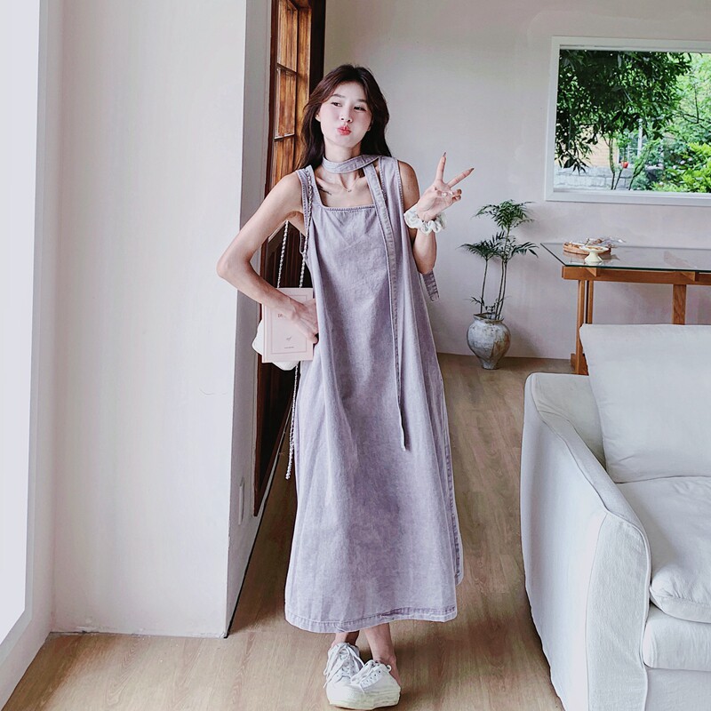 韩版显瘦紫色牛仔背带裙女夏季2025新款可盐可甜休闲慵懒风连衣裙图片