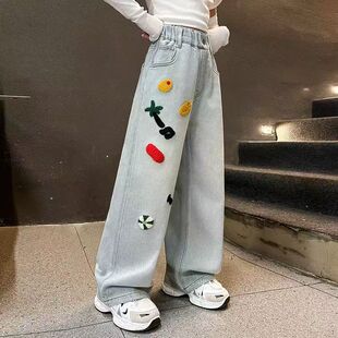 女童牛仔裤春秋2025新款儿童春季直筒裤小个子女孩绣花微喇阔腿裤