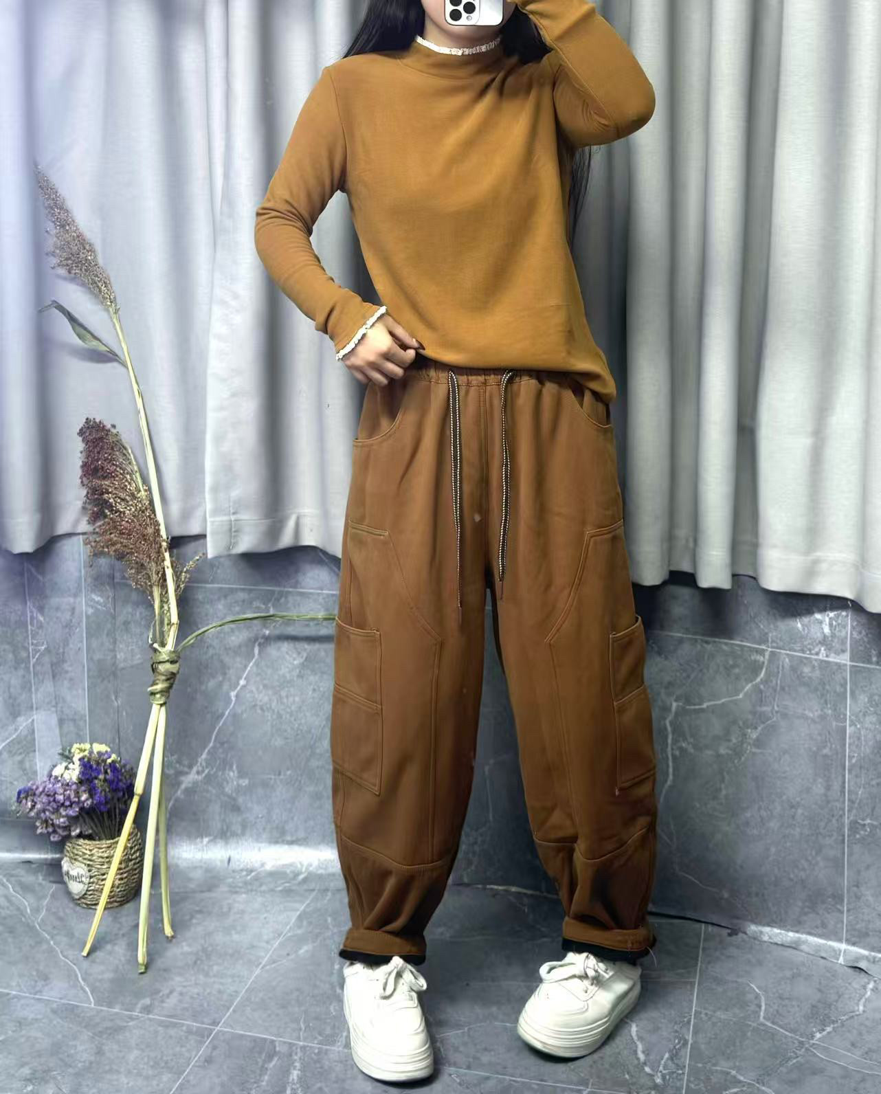 新款加绒加厚休闲简约舒适显瘦阔腿裤女宽松百搭长裤搭配德绒上衣