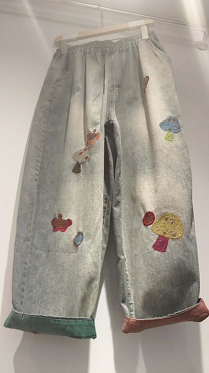 民族风彩色蘑菇刺绣牛仔裤宽松显瘦复古磨白女式九分哈伦裤薄春夏