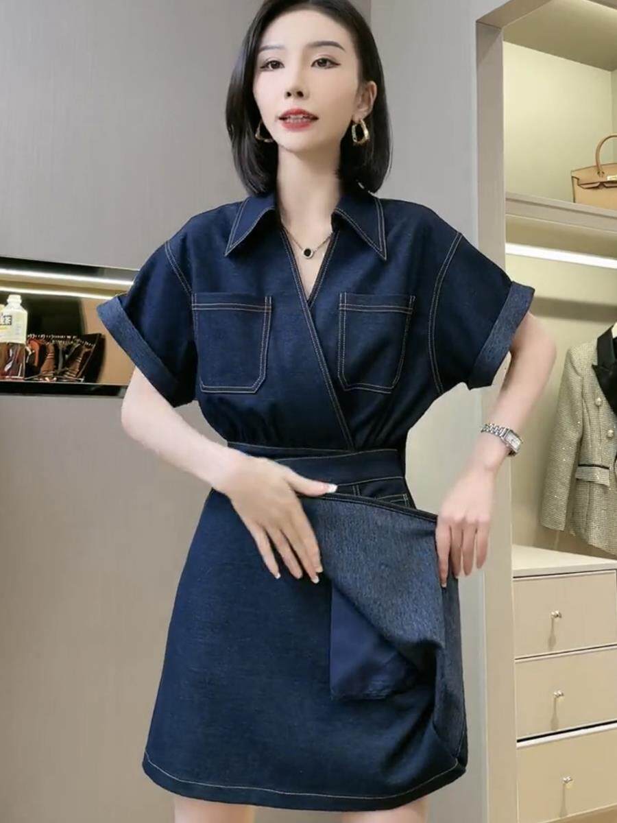 欧洲站设计感小众减龄短袖连衣裙女2026年夏季韩版不规则牛仔短裙