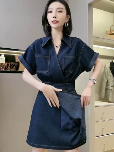 欧洲站设计感小众减龄短袖连衣裙女2026年夏季韩版不规则牛仔短裙