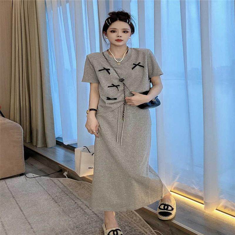 欧洲站减龄时尚套装女2026年夏季新款立体蝴蝶结T恤半身裙两件套