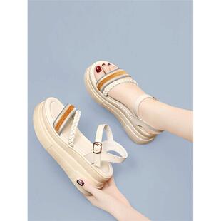 鞋 坡跟凉鞋 外穿松糕厚底高跟真皮百搭一字带时装 夏季 女2026年新款