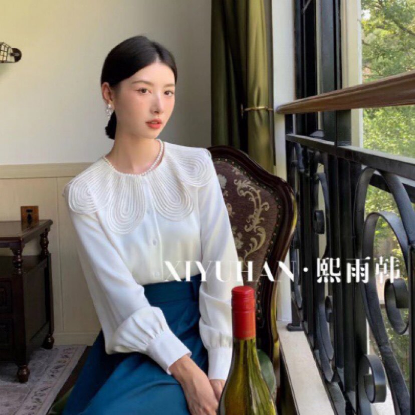 熙雨韩简约复古荷叶边长袖衬衫女纯色百搭衬衣2023春季新款