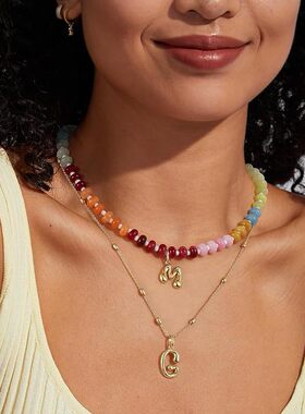 亚马逊热销女士14K字母吊坠项链彩色串珠宝石颈链夏季海滩首饰