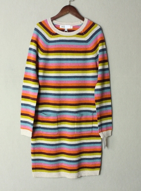 外贸英锅单CLEME*O 87%羊毛裙 彩色条纹针织连衣裙秋冬修身打底裙