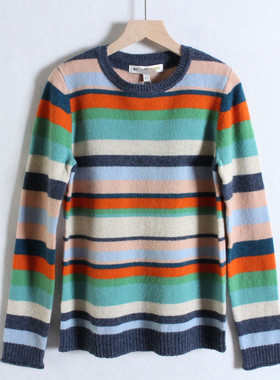 外贸英锅单CLEME*O~羊毛秋冬毛衣 条纹套头圆领长袖针织打底衫女