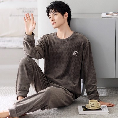 睡衣男士秋冬季薄绒加绒珊瑚绒家居服套头男款春秋加厚海岛绒套装