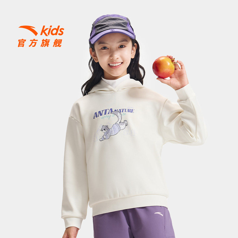 中国冰雪安踏儿童卫衣女童猫咪连帽卫衣2025冬款保暖大童加绒上衣