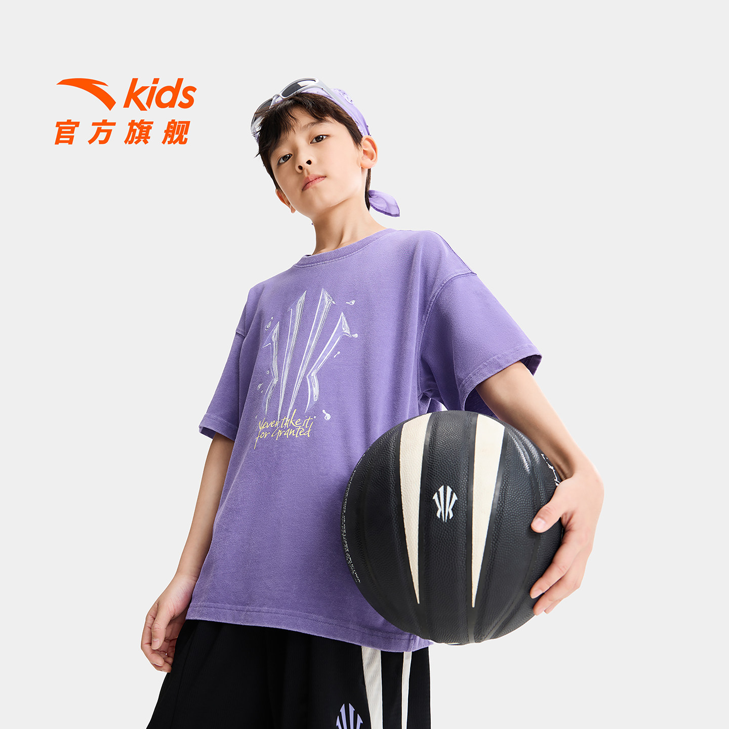 欧文系列安踏儿童男童短袖衫2026年夏季新款青少年纯棉运动潮T恤