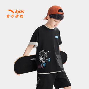 t恤 印花短袖 少年顽家安踏儿童T恤男大童黑色短T2026年夏季 新款