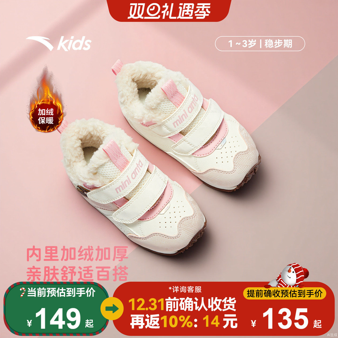 安踏学步鞋二阶段女宝宝鞋子2025冬季新款幼儿园软底加绒保暖棉鞋