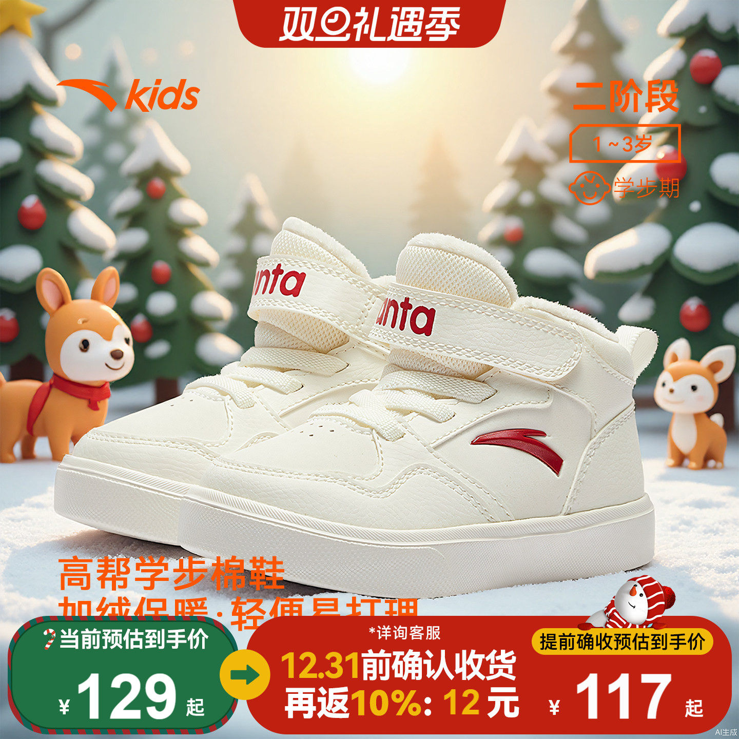 安踏学步鞋高帮二棉鞋冬鞋新款男女宝宝加绒保暖运动鞋幼儿园童鞋