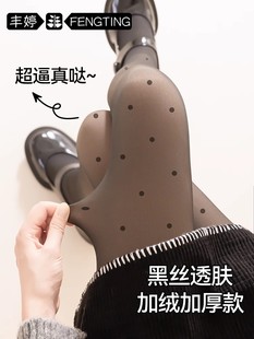 加绒波点黑丝袜黑透肤光腿神器女秋冬假透肉打底裤 袜 加厚黑色连裤