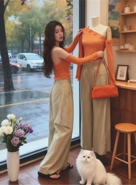 绝美巨好看早秋chic上衣气质修身立体花朵拼接橙色斜肩针织衫女款