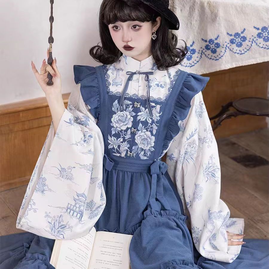 青花魔女新中式汉洋改良明制立领长衫小飞袖围裙洛丽塔汉服套装女