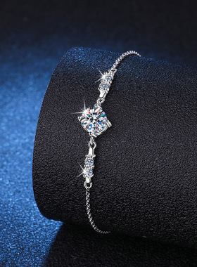 s925纯银手镯女小香风简约四爪手环女可调节莫桑石D色1克拉手链女