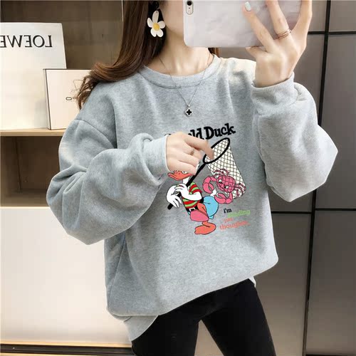 Autumn and winter Pullover loose casual shift clothes Plush thickened printed round neck sweater women's fashion