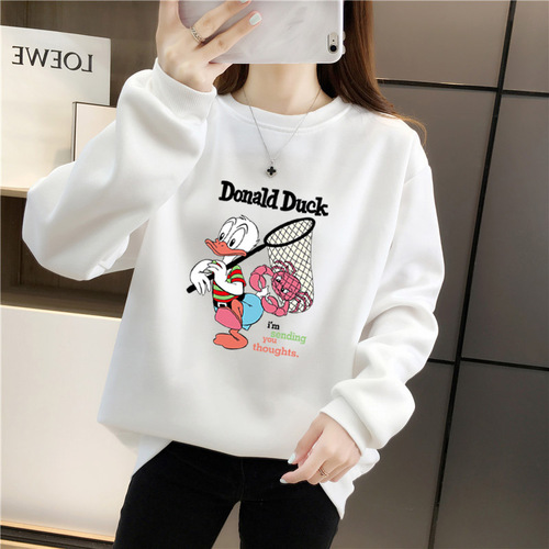 Autumn and winter Pullover loose casual shift clothes Plush thickened printed round neck sweater women's fashion