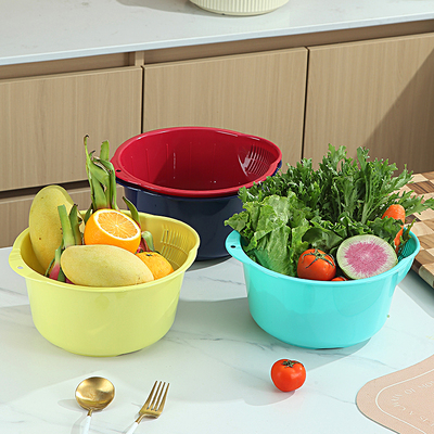 简约时尚彩色细孔淘米网篮洗米筛洗菜盆沥水篮塑料菜篮子圆形筛子