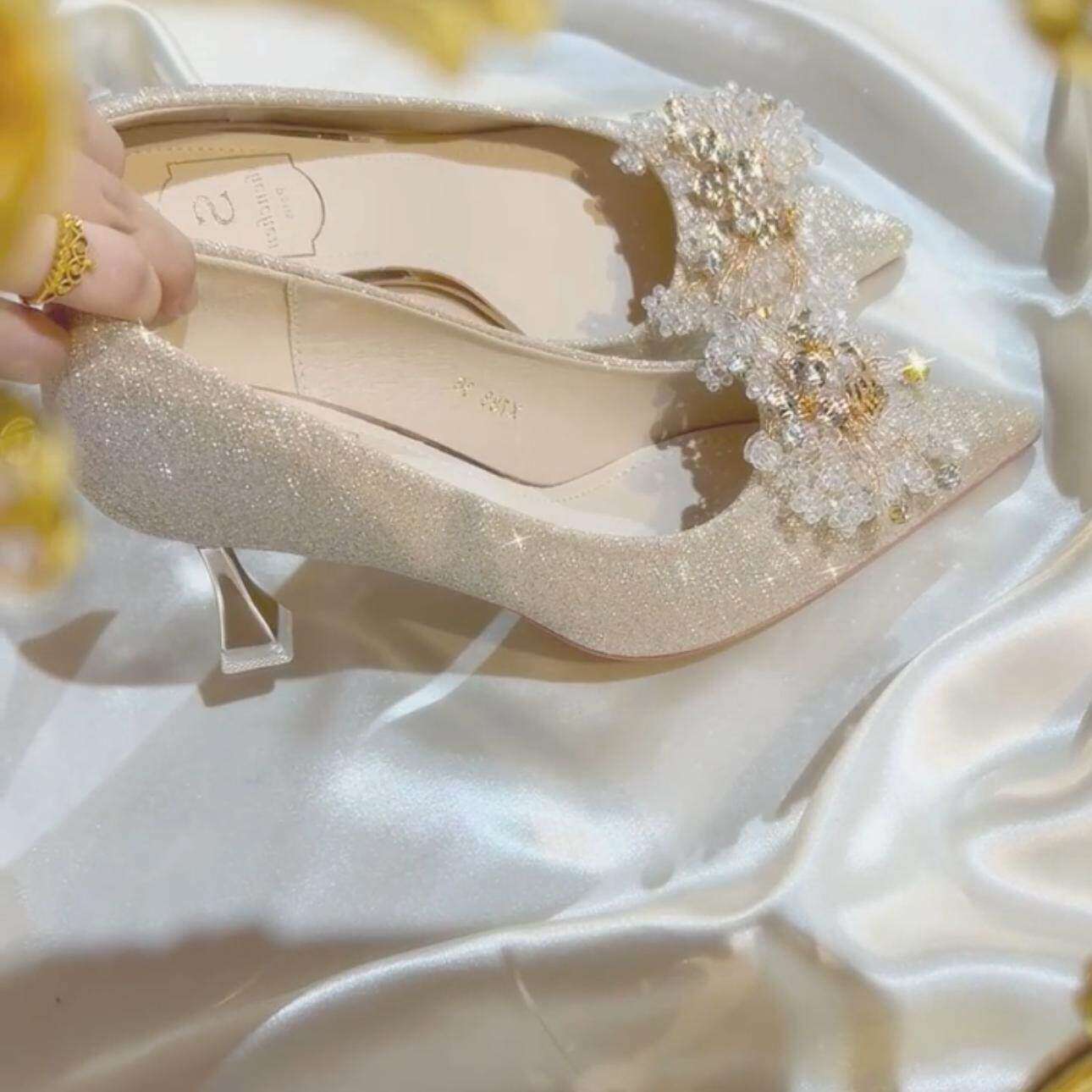 酒杯跟闪闪水晶婚鞋！主婚纱秀禾两穿新娘鞋法式订婚晚宴高跟单鞋