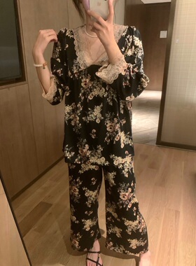 韩系缎面滑料碎花睡衣春秋纯欲风蕾丝v领垂感可外穿家居服套装