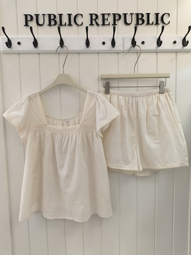 Public 夏季新品韩系甜美简约风花边方领短袖短裤家居睡衣套装