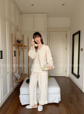 Public republic韩系棉质蕾丝花边V领荷叶边拼接家居服睡衣套装