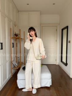 Public republic韩系棉质蕾丝花边V领荷叶边拼接家居服睡衣套装