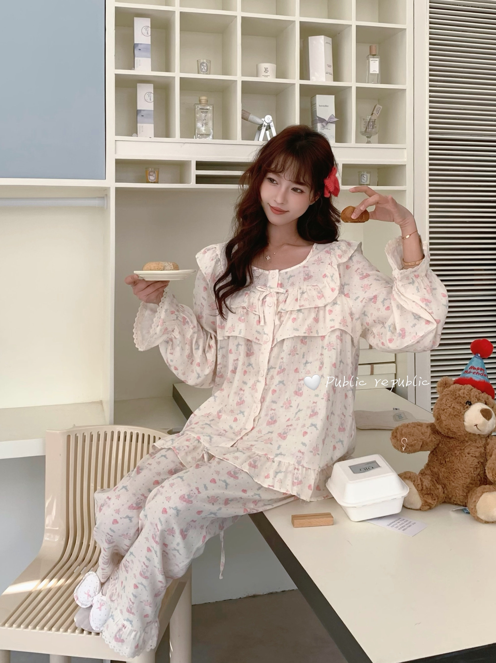 韩系春秋款少女甜美双层棉纱软糯睡衣/家居服套装